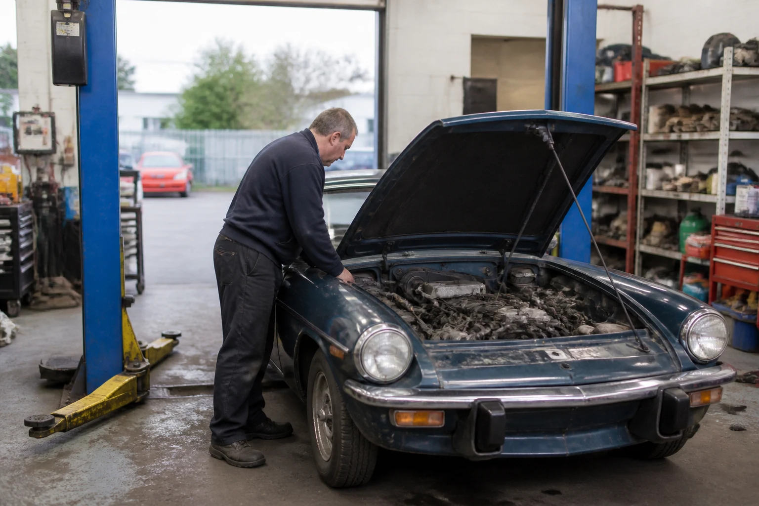 AI-generated documentary-style editorial image illustrating A classic car’s 40th birthday does not automatically remove its MOT requirement